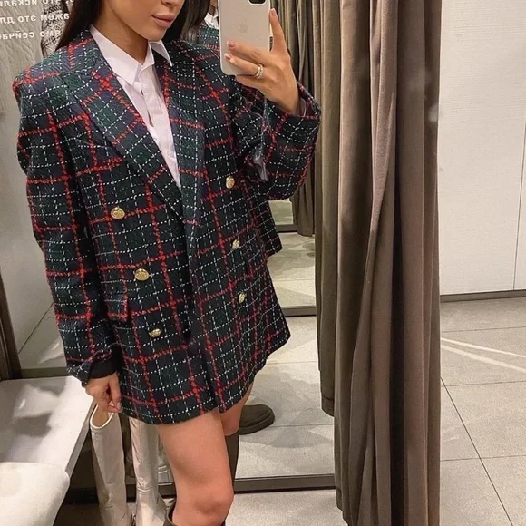 ZARA Tweed Plaid Double Breasted Blazer Green Red Gold Buttons - Picture 5 of 14